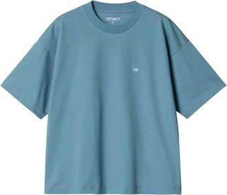 Carhartt Work in Progress Carhartt Wip, T-Shirts, female, Blue, Size: M Short Sleeve Cotton T-shirt with Embroidered Logo