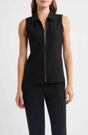 Anne Klein Pinstripe Front Zip Sleeveless Knit Top in Anne Black/white Dove at Nordstrom, Size Xx-Small