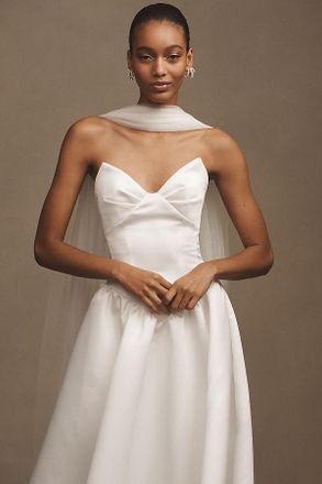 Watters Rickey Strapless Basque-Waist A-Line Midi Dress with Scarf