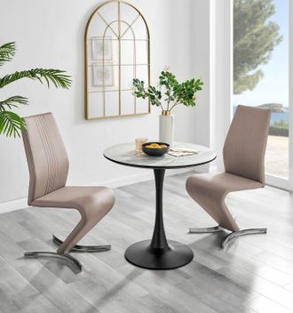 Furniturebox Elina White Marble Effect Scratch Resistant Dining Table & 2 Willow Faux Leather Chairs in Beige