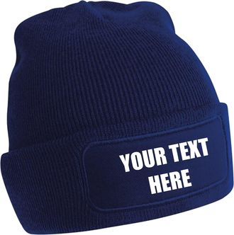 Generic Personalised Printed Any Text Patch Beanie, Custom Any Text Original Patch Beanie Cap Hat Unisex Gift(French Navy)