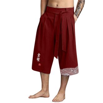 Generic Mens Japanese Traditonal Cropped Trousers Baggy Relaxed-Fit Wide Leg Palazzo Beach Pants Kimono Linen Capri Pants Harem Trousers