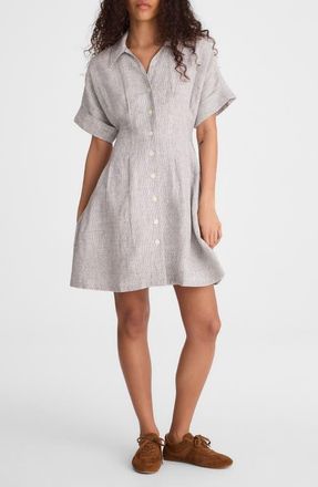Madewell Pleated Linen Mini Shirtdress in Black White Mini Stripe at Nordstrom, Size Xx-Small