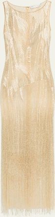 Oscar De La Renta Sleeveless Metallic Beaded Fringe Gown