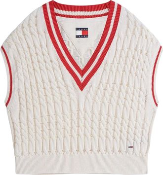 Tommy Jeans Truien & Vesten, Dames, Beige, XS, Katoen, Vest met V-hals en Kabelpatroon - Oversized