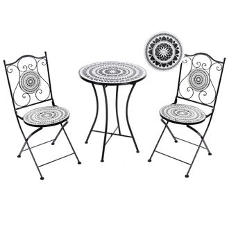 Beliani Conjunto De Balc&oacute;n Con Mesa Y Sillas Plegables De Metal Y Baldosas De Cer&aacute;mica Blanco Y Negro Comiso