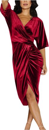Generic Womens Dress Velvet Wrap V-Neck Dress Ruched Bodycon Dresses Long Sleeve Mini Prom Dresses Ladies Elegant Evening Cocktail Party Midi Frock Autumn Win