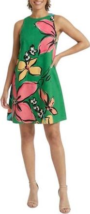 London Times Linen Blend Trapeze Dress in Green/Coral at Nordstrom Rack, Size X-Large