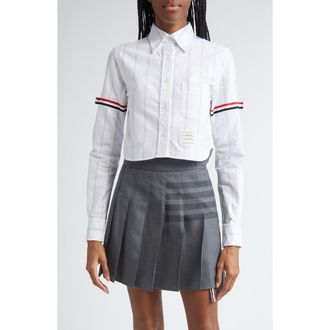 Thom Browne Armband Stripe Cotton Poplin Crop Button-Down Shirt in White at Nordstrom, Size 12 Us