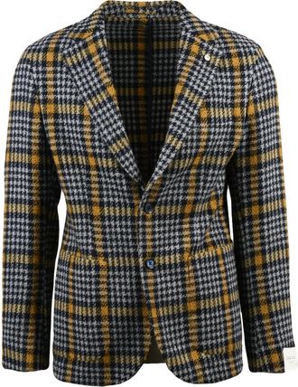 L.B.M. 1911 Tailored Checkered Jacket with Rounded Design in Grey and Yellow