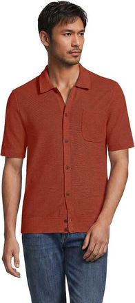 Lands End Short Sleeve Texture Stitch Button Through Sweater Polo in Autumn Ember Heather at Nordstrom, Size Xx-Large