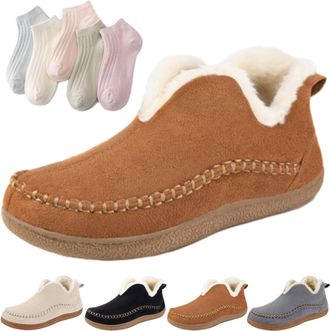 Generic Womens Cozy Fleece-Lined Slip-On Ankle Boots, Winter Anti-Slip Suede Short Snow Shoe, Flats Loafers Walking Shoes (Brown, Adult, Women, 4.5, Numeric, 