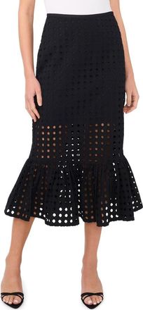 CeCe by Cynthia Steffe Eyelet Ruffle Hem Cotton Midi Skirt in Rich Black at Nordstrom, Size 10