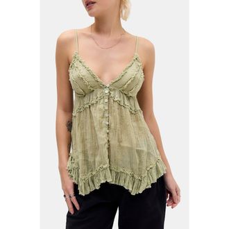 BDG Clara Embroidered & Ruffle Trim Camisole in Khaki at Nordstrom, Size X-Small