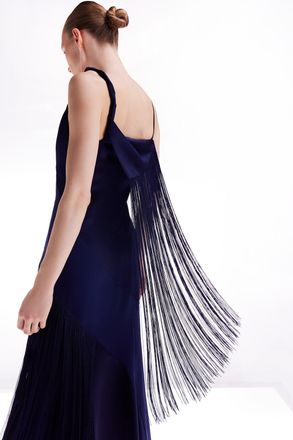 Karen Millen Ooto Viscose Crepe And Satin Panelled Fringed Woven Strappy Maxi Dress