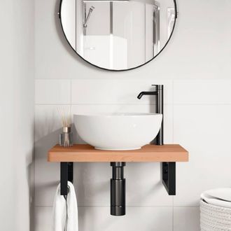 Berkfield Home Elegant Basin Shelf Wall Mounted Steel & Solid Wood Beech in Brown