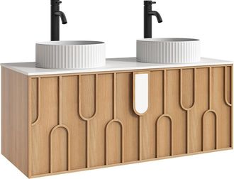 Vente-Unique Mueble de ba&ntilde;o texturizado suspendido con doble lavabo sobre encimera redondo estriado y grifo - Natural claro - An. 120 cm - MERKAN