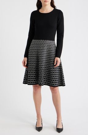 Julia Jordan Long Sleeve Jacquard Sweater Dress in Black Ivory at Nordstrom, Size X-Large