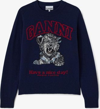 Ganni Navy Jumper with Tiger - Size XXS Recycled Wool