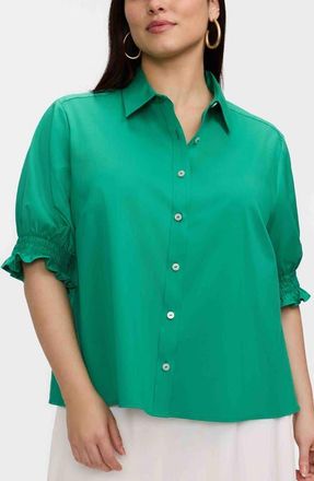 Foxcroft Vivienne Elbow Sleeve Matte Sateen Button-Up Shirt in Kelly Green at Nordstrom, Size 2X