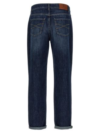Brunello Cucinelli Logo-Embroidered Cotton Denim Jeans - Navy