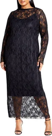 City Chic Long Sleeve Pliss&eacute; Lace Sheath Dress in Black at Nordstrom