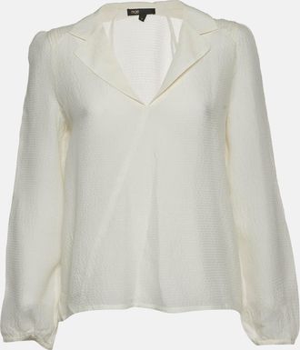 Maje White Textured Silk Oversized V-Neck Blouse