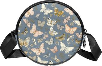 Generic Circle Crossbody Bag for Women, Colorful Butterfly Small Sling Bag Daypack with Zipper Adjustable Shoulder Straps Casual Ladies Girls Round Purse