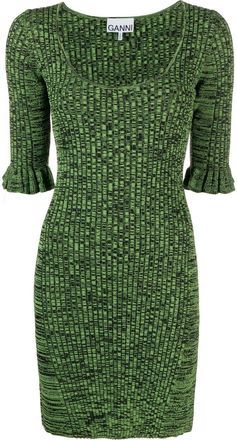 Ganni flounce-sleeve m&eacute;lange minidress - women - Spandex/Elastane/Rayon/Polyamide - S - Green