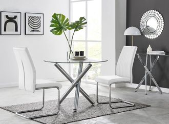 Furniturebox Selina Round Glass & Chrome Metal Dining Table & Lorenzo Chairs Set in Off-White | Size: 2 Person