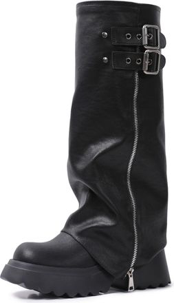 Generic Womens Fold Over Knee High Boots 8cm Platform Chunky High Heels Mid-Calf Gothic Boots Slouch Boots Metallic Boots(Black1,2.5)