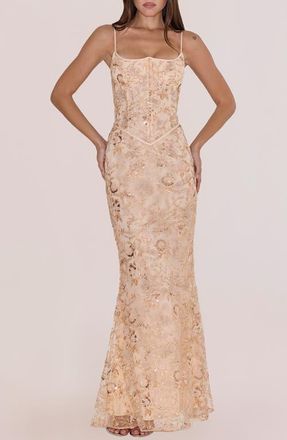 House of CB Naima Sequin & Bead Embellished Gown in Peach at Nordstrom, Size X-Small