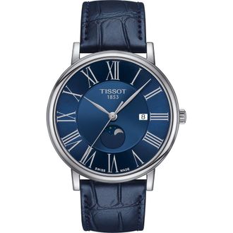 Tissot T-Classic Carson Premium Moonphase Leather Strap Watch, 40mm in Blue at Nordstrom