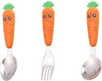 OEM Juego De Cubiertos Infantiles De 3 Piezas - Dise&ntilde;o Wortel, Acero Inoxidable 304, Con Cuchara, Tenedor Y Cuchara Para Patatas, Libre De Bpa