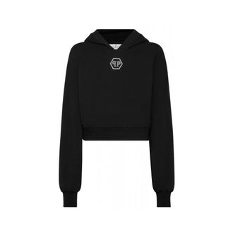 Philipp Plein Hoodies & sweatvesten, Dames, Zwart, M, Katoen, Cropped Crystal Hexagon Logo Hoodie