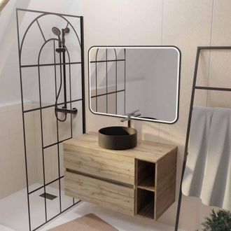 Aurlane Aurlane - Mueble De Ba&ntilde;o 100cm Efecto Roble 2 Cajones Lavabo Negro Espejo Led 100x70