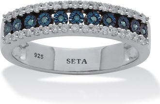 Palm Beach Jewelry 25 TCW Blue and White Diamond Sterling Silver Three-Row Anniversary Band