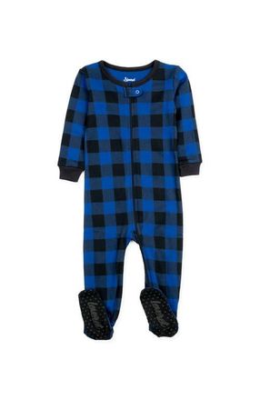 Leveret Kids Footed Plaid Cotton Matching Family Holiday Pajamas in Plaid Black & Navy at Nordstrom, Size 0-3M