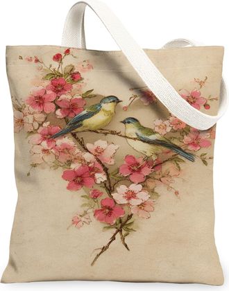 Generic Vintage Floral Canvas Tote Bags, Bird Blossom Pattern Reusable Grocery Bags, Spring Lightweight Washable Shoulder Strap Can, Beige, 13x15 Inch