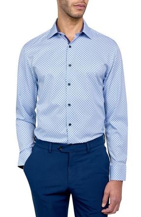 W.R.K Slim Fit Geometric Print Recycled Performance Stretch Dress Shirt in White/Blue at Nordstrom, Size 15