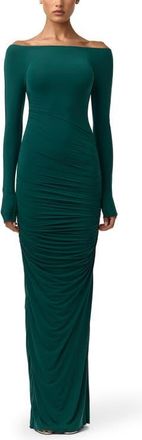 Naked Wardrobe Ruched Off the Shoulder Long Sleeve Maxi Dress in Pine Green at Nordstrom, Size X-Small