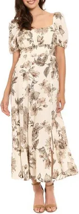 London Times Puff Sleeve Empire Waist Midi Dress in Soft White/Deep Tan at Nordstrom Rack, Size 10