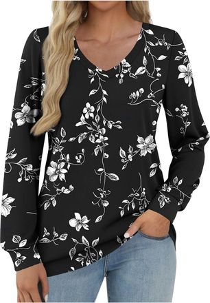 Generic Women Long Sleeve Tops, V Neck, Cotton, Floral Print, Cuff Sleeve, Base Layered, Pull On, Tunics, Longline Tee Shirts Jumpers for Summer Autumn Fall C
