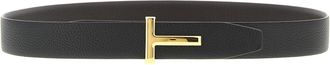 Tom Ford Reversible Hammered Leather with Gold Buckle Belt - Black