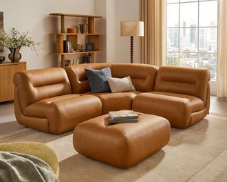 Castlery Tovi Leather 3-Piece Sectional Couch with Ottoman, Mocha Brown