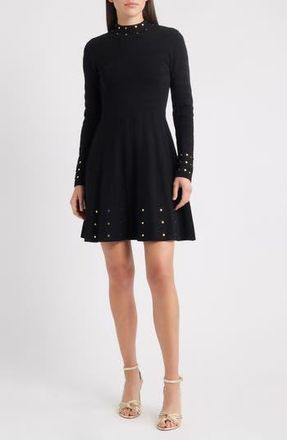 Vince Camuto Metallic Rivet Detail Long Sleeve Fit & Flare Ottoman Knit Dress in Black at Nordstrom Rack, Size X-Large