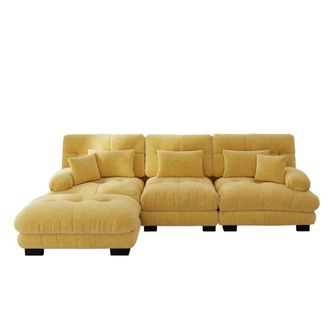 Urban Meuble Sof&aacute; rinconero modular en chenilla capiton&eacute; con puf amarillo