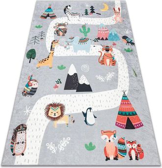 RugsX Rugsx - Bambino 2160 Alfombra Lavable Calles, Pueblo Indio, Animales Para Ni&ntilde;os, Antideslizante - Gris Grey 160x220 Cm