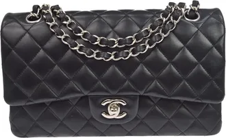 Chanel Classic Timeless Double Flap Quilted Lambskin Black Leather Handbag (Pre-Owned)