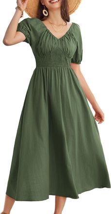 Grace Karin Short Sleeve Midi Summer Dresses for Ladies A-Line Puff Sleeve Smock Ruched Flowy High Waist Swing Beach Plus Size Maternity Dress XXL Army Green